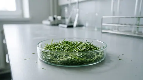 Szalka Petriego wypełniona świeżo skoszoną, drobno pociętą trawą z trawnika, na jasnym blacie laboratorium.