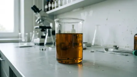 Zlewka z ciemnobursztynowym zużytym olejem posmażalniczym, na dnie osad z drobnych resztek jedzenia.